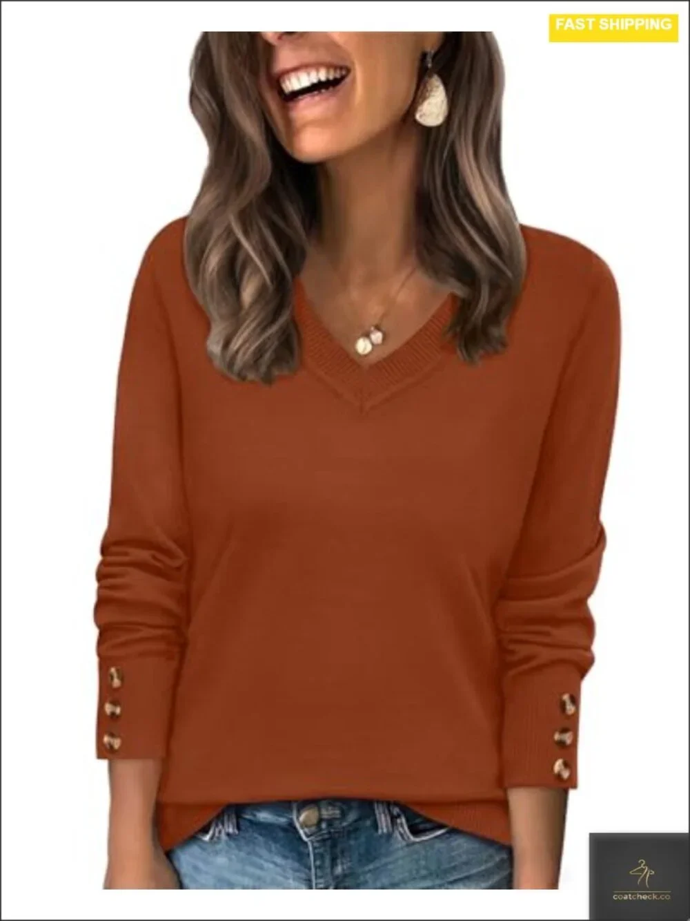 V-Neck Knit Sweater with Decorative Button Cuffs Long Sleeve Pullover